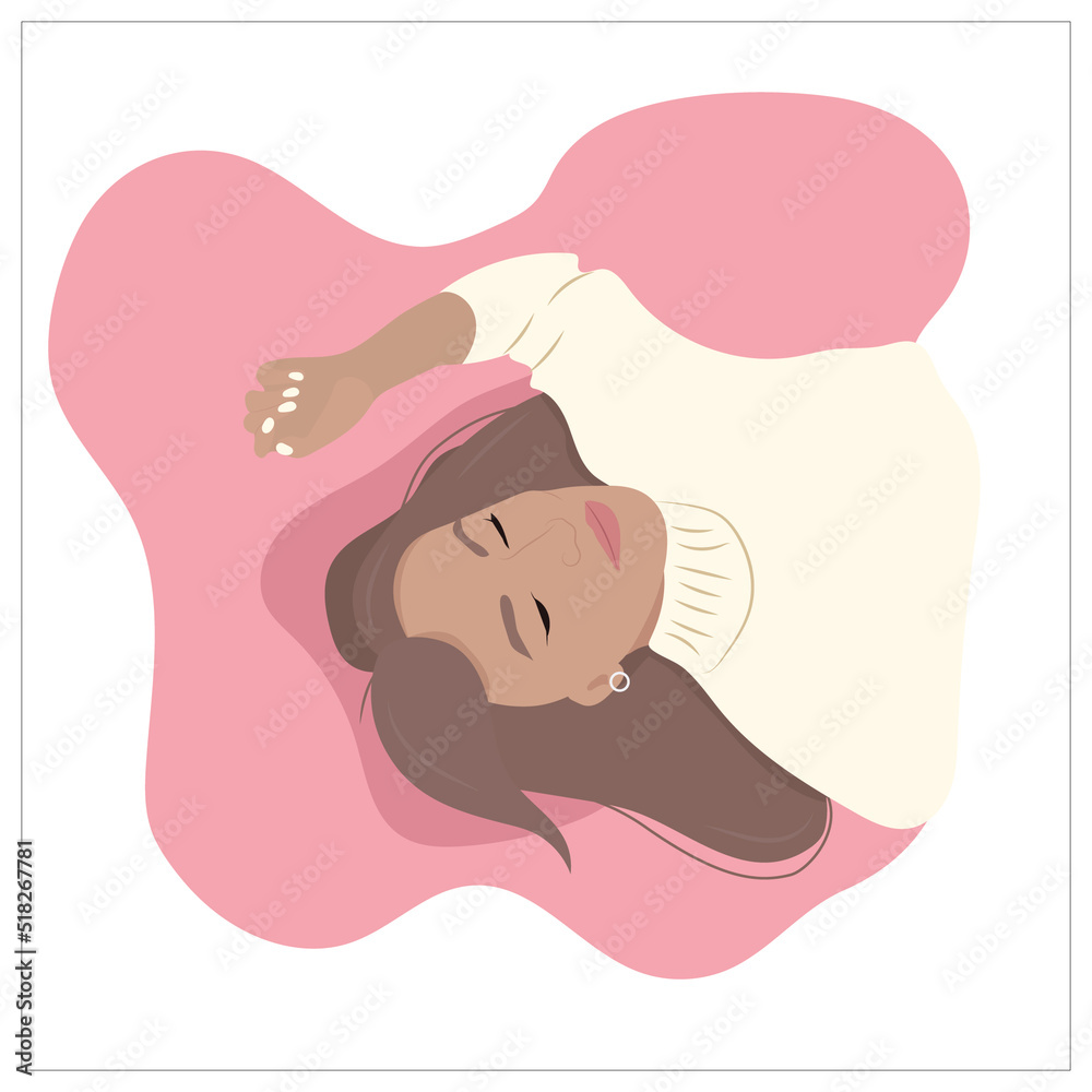 A beautiful girl in a white sweater lies with her eyes closed and her hair loose. Woman is sleeping. Illustration of healthy sleep for the tracker of good habits.