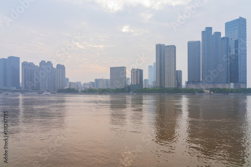 The skyline of urban buildings and the scenery of the Yangtze River in Changsha, Hunan Province, China
