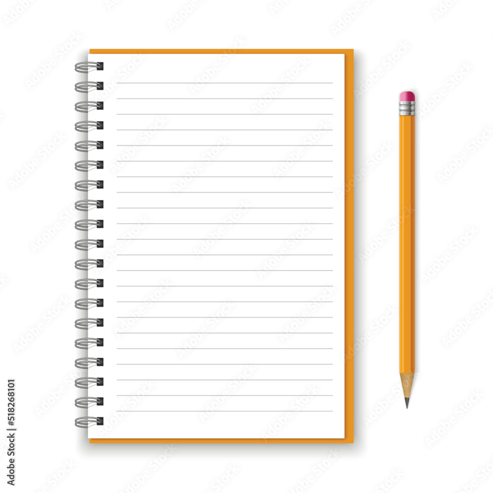 Mockup blank Notebook and yellow pencil isolated on white background. Template spiral copybook or organizer. Mockup blank Notebook and yellow pencil isolated on white background. Template spiral copybook or organizer.