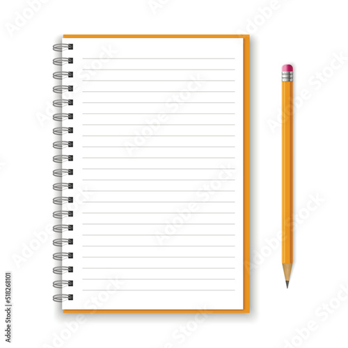 Mockup blank Notebook and yellow pencil isolated on white background.  Template spiral copybook or organizer.