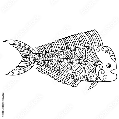 Hand drawn of mahi mahi fish in zentangle style