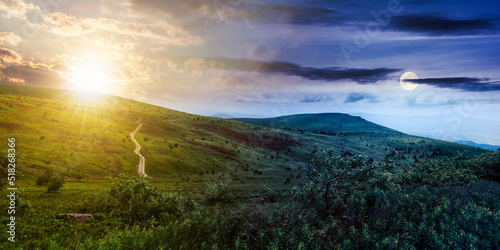 day and night time change in mountains. carpathian landscape in summer. dirt road and hiking trail track. panoramic view of a hilly countryside with sun and moon. vacation and active lifestyle concept