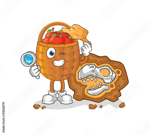 apple basket archaeologists with fossils mascot. cartoon vector