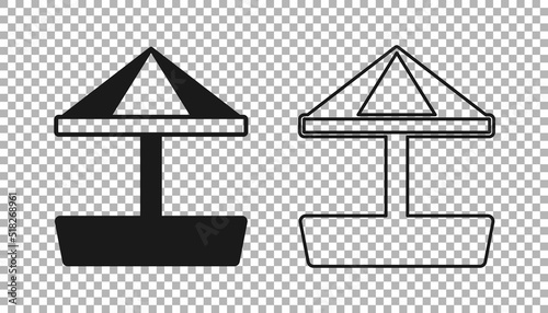Black Sandbox for kids with sand and umbrella icon isolated on transparent background. Vector