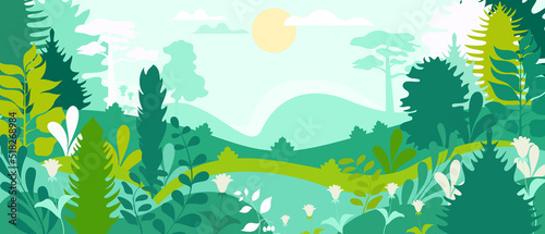 Vector poster with a view of a natural landscape with plants and trees. Spring forest.