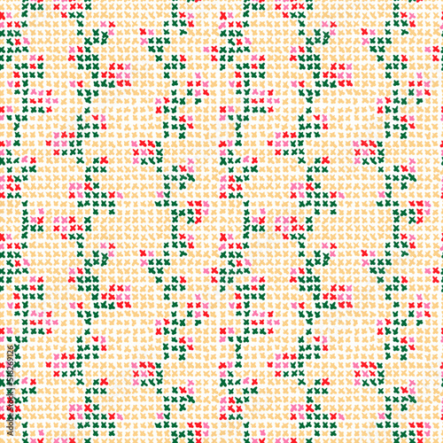Cross stitch roses vector seamless pattern. Ethnic folk texture embroidery crosses stitches, textile or fabric print ornament.