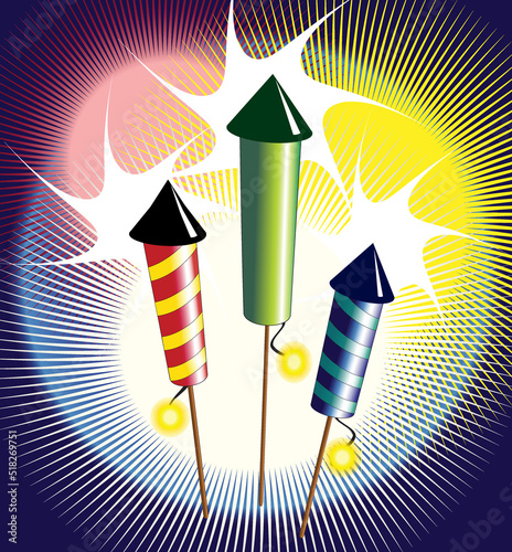 Exploding rocket fireworks for celebrations and events on a starburst background. EPS10 vector format. 