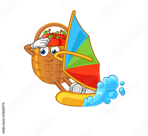 apple basket windsurfing character. mascot vector