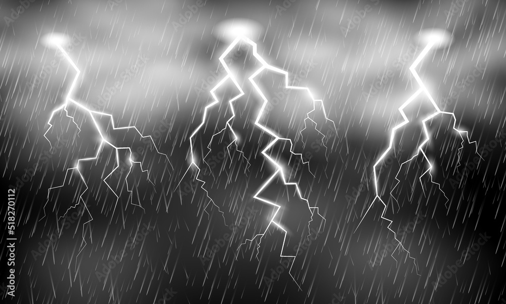 Lightning flashing in the sky. Heavy rain with thunderclouds. Vector