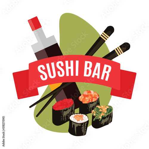 Sushi bar banner. Asian cuisine restaurant menu design with traditional Japanese seafood meal dishes flat vector illustration flat vector illustration