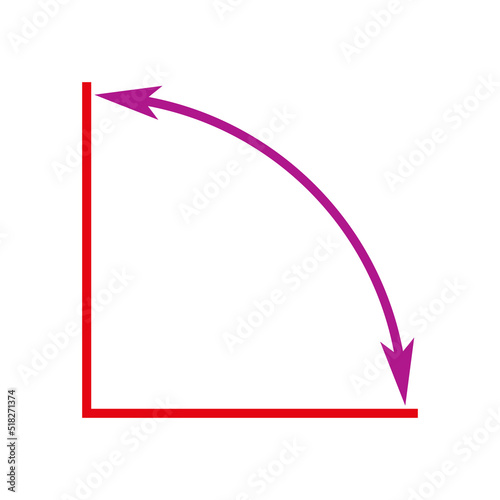 90 degrees angle vector icon. Right angle symbol with arrow. Isolated illustration on white background. 