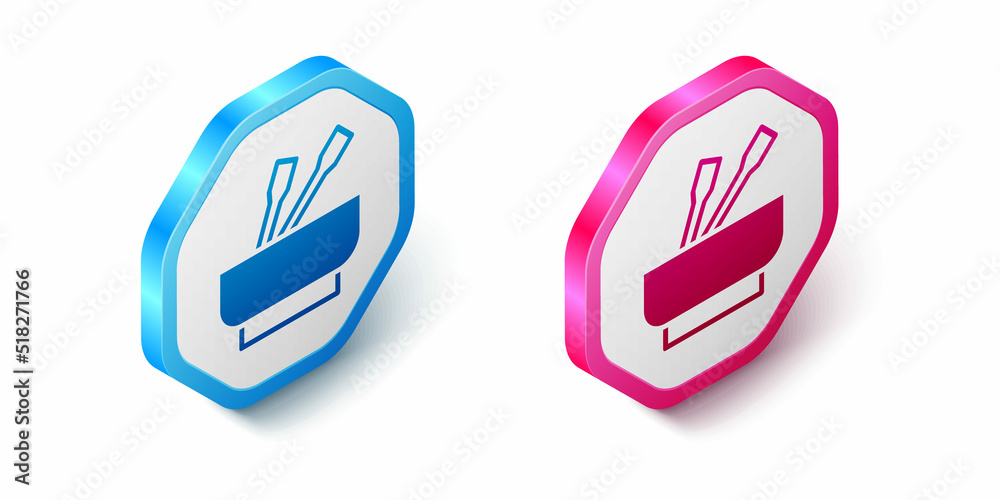 Fototapeta premium Isometric Asian noodles in bowl and chopsticks icon isolated on white background. Street fast food. Korean, Japanese, Chinese food. Hexagon button. Vector