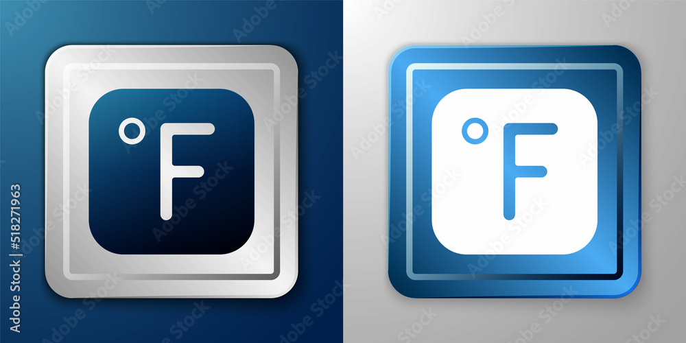 White Fahrenheit icon isolated on blue and grey background. Silver and blue square button. Vector White Fahrenheit icon isolated on blue and grey background. Silver and blue square button. Vector