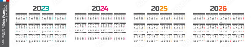Calendrier français 2023, 2024, 2025 et 2026