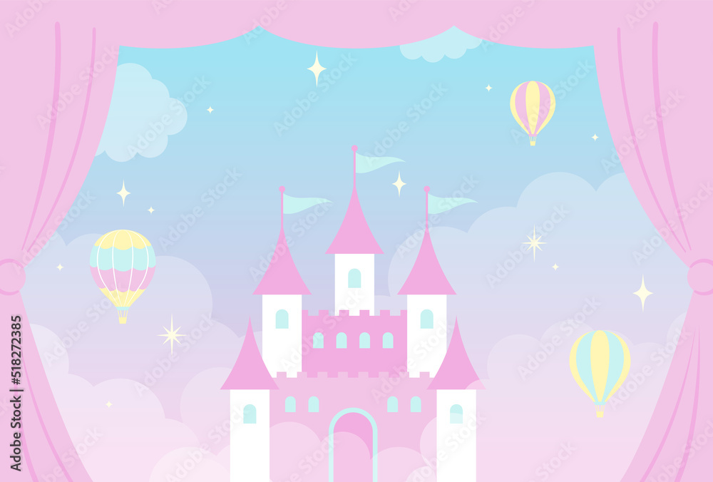 vector background with a fairy tale castle in cloudy sky for banners, cards, flyers, social media wallpapers, etc.