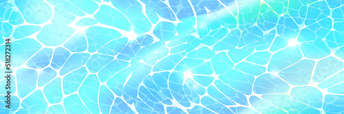 Ocean surface top view horizontal background with sunlight glare reflections, caustic ripples and waves. Clear blue water texture. Bright vector summer time background.