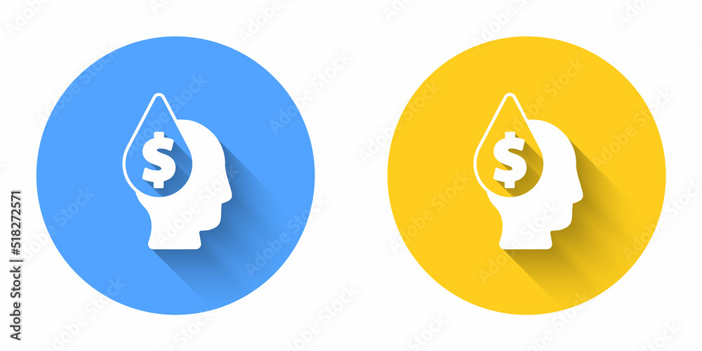 White Oil drop with dollar symbol icon isolated with long shadow background. Oil price. Oil and petroleum industry. Circle button. Vector White Oil drop with dollar symbol icon isolated with long shadow background. Oil price. Oil and petroleum industry. Circle button. Vector