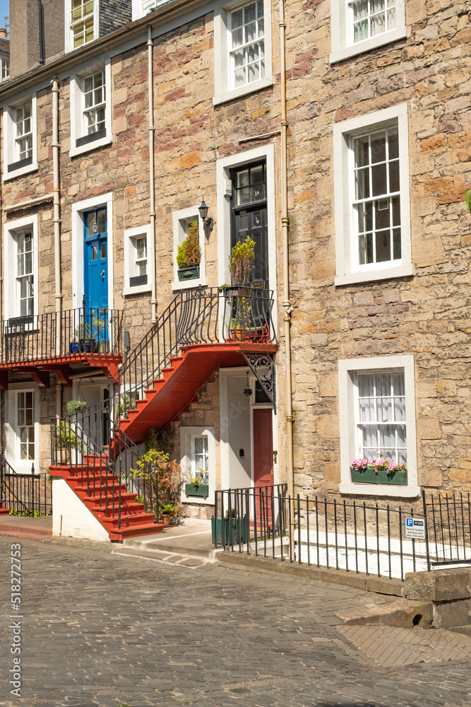Edinburgh, Scotland, UK – June 20 2022. Traditional and quaint city dwellings in the city of Edinburgh, Scotland’s capital city