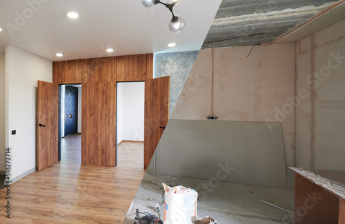 Comparison of old room with building tools and new renovated room. Photo collage of apartment before and after restoration. Concept of home renovation.