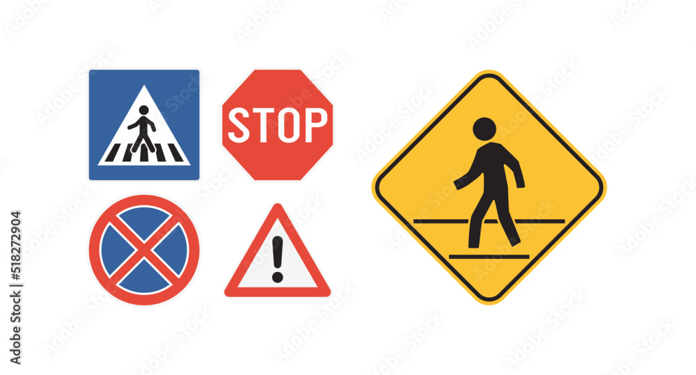 State law stop for pedestrians in crosswalk sign and traffic signs with