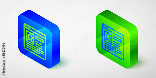Isometric line Resume icon isolated grey background. CV application. Searching professional staff. Analyzing personnel resume. Blue and green square button. Vector