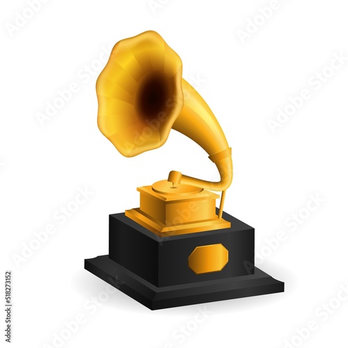 Golden vintage gramophone. Old yellow phonograph on black stand
