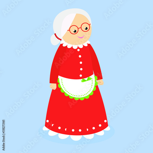 grandmother with glasses and a red dress