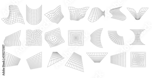 Geometric grids on white surface set. Abstract lattice shapes with warp and distortion digital ornament for design and web vector presentation
