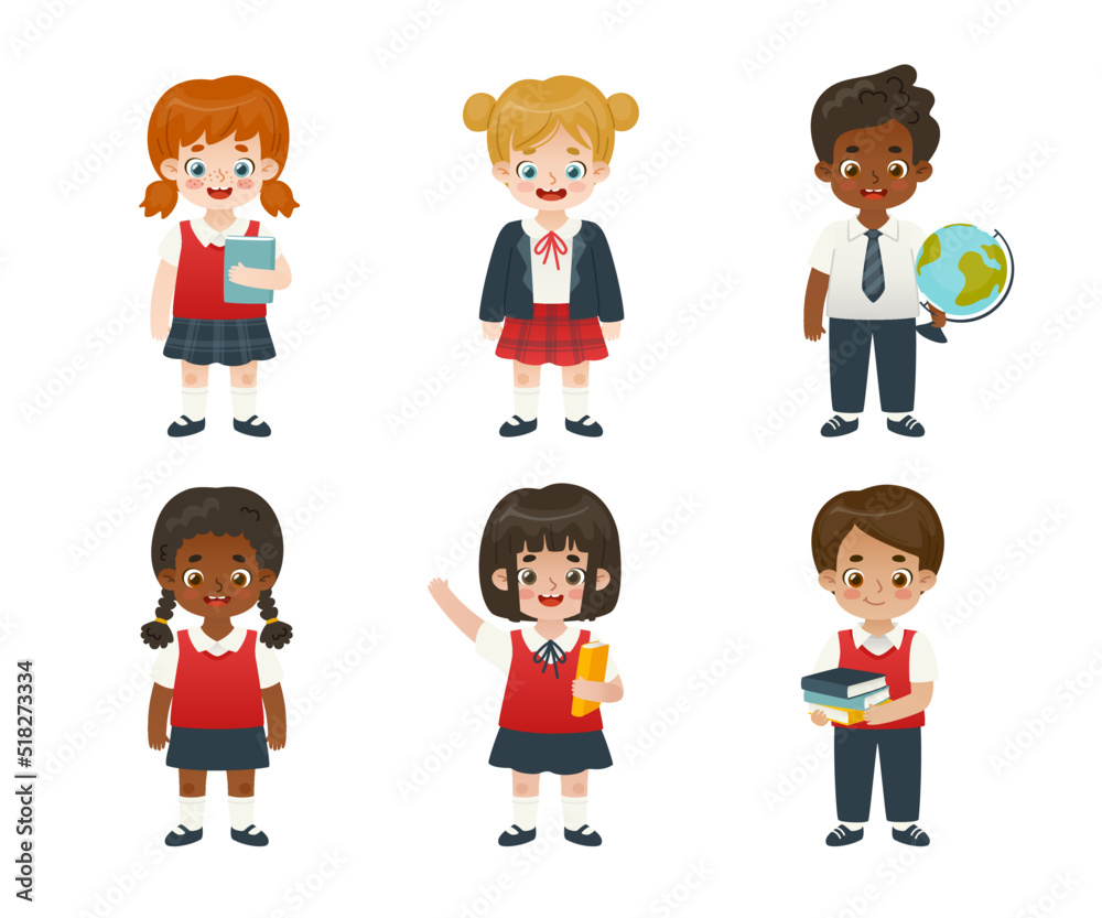 Set of adorable school children in uniform. Happy diverse cartoon students bundle. Cute pupils collection.