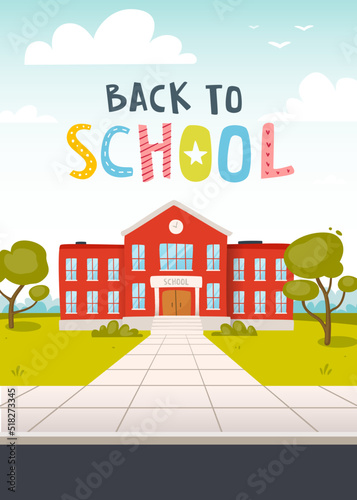 Back to school poster with building and lettering. Cartoon banner with school exterior and text.