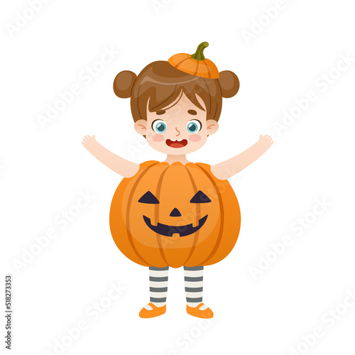 Cute baby girl in halloween pumpkin costume. Little cartoon girl dressed as a pumpkin.