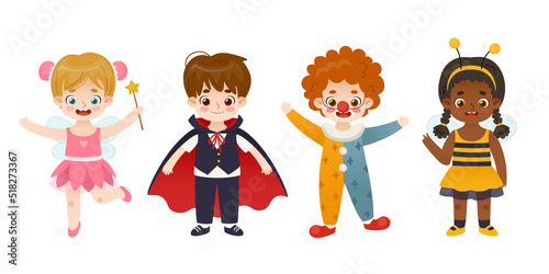 Set of cute kids in halloween costume. Cartoon dressed up children collection. Funny halloween costumes.
