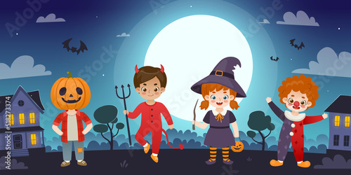Cute children in halloween costume walking on the night street. Horizontal midnight town landscape with cartoon kids.