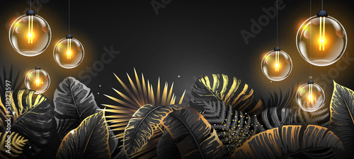 Summer background with electric modern lamps and tropic leaves. Black and gold nature concept. Vector illustration