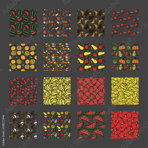 different seamless food patterns. Set of 16 different doodle food backgrounds. Vector food illustations photo