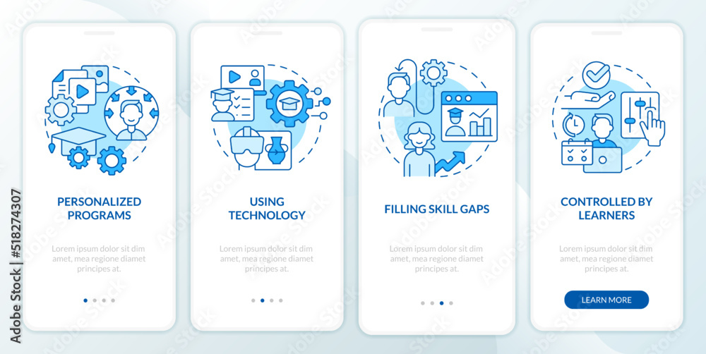 Micro learning strategies blue onboarding mobile app screen. Walkthrough 4 steps editable graphic instructions with linear concepts. UI, UX, GUI template. Myriad Pro-Bold, Regular fonts used