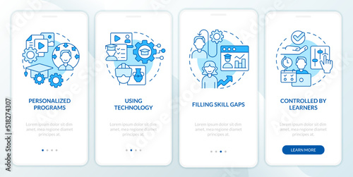 Micro learning strategies blue onboarding mobile app screen. Walkthrough 4 steps editable graphic instructions with linear concepts. UI, UX, GUI template. Myriad Pro-Bold, Regular fonts used