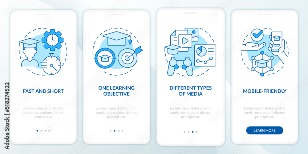 Microtraining aspects blue onboarding mobile app screen. Walkthrough 4 steps editable graphic instructions with linear concepts. UI, UX, GUI template. Myriad Pro-Bold, Regular fonts used