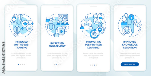 Microlearning benefits blue onboarding mobile app screen. Walkthrough 4 steps editable graphic instructions with linear concepts. UI, UX, GUI template. Myriad Pro-Bold, Regular fonts used