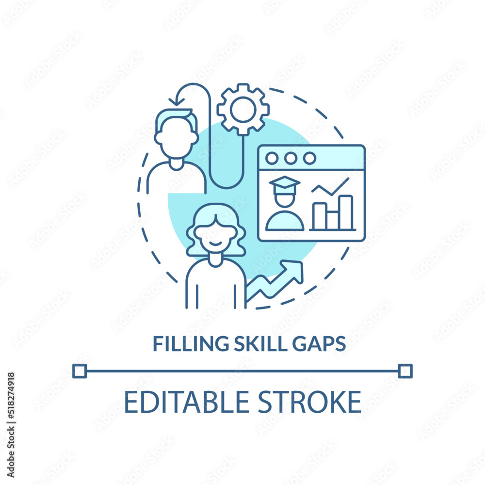 Filling skill gaps turquoise concept icon. Microtraining practice abstract idea thin line illustration. Online training. Isolated outline drawing. Editable stroke. Arial, Myriad Pro-Bold fonts used Filling skill gaps turquoise concept icon. Microtraining practice abstract idea thin line illustration. Online training. Isolated outline drawing. Editable stroke. Arial, Myriad Pro-Bold fonts used