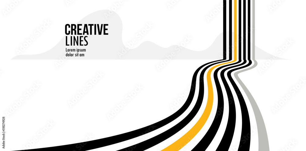 Future lines in 3D perspective vector abstract background, black and yellow linear composition, road to horizon and sky concept, optical illusion op art.