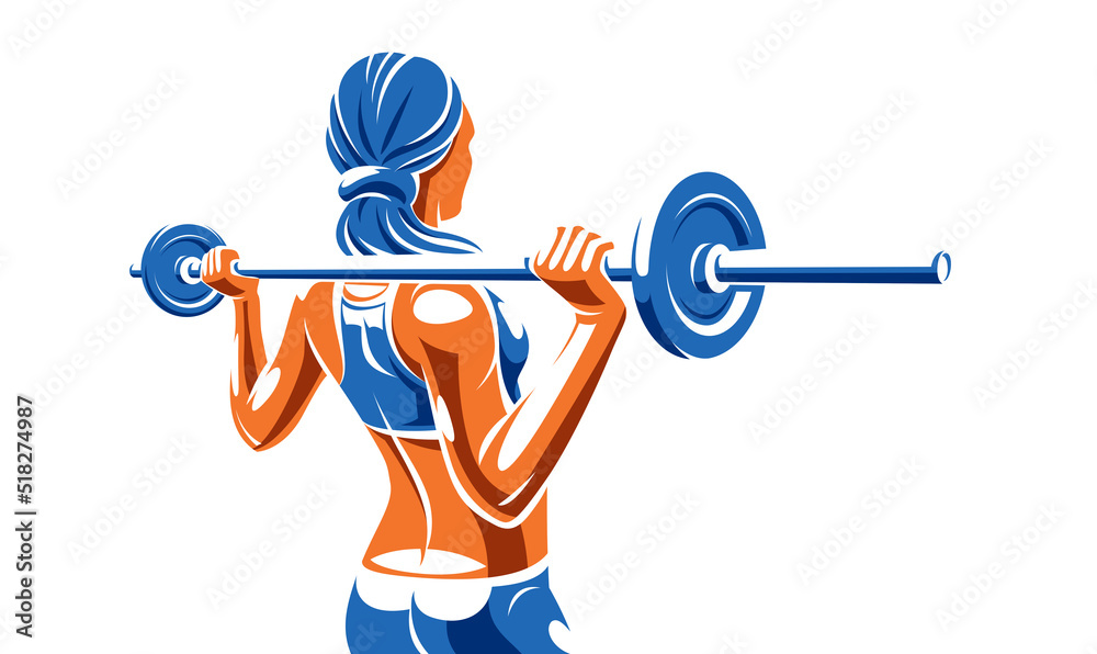  Vettoriale Stock Empuje el gimnasio con pesas y la ilustración vectorial de fitness de una mujer joven y atractiva haciendo ejercicios de entrenamiento con una pesa, cuerpo atlético muscular perfecto, entrenamiento deportivo de una joven adulta.