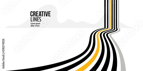 Slika na platnu Future lines in 3D perspective vector abstract background, black and yellow linear composition, road to horizon and sky concept, optical illusion op art