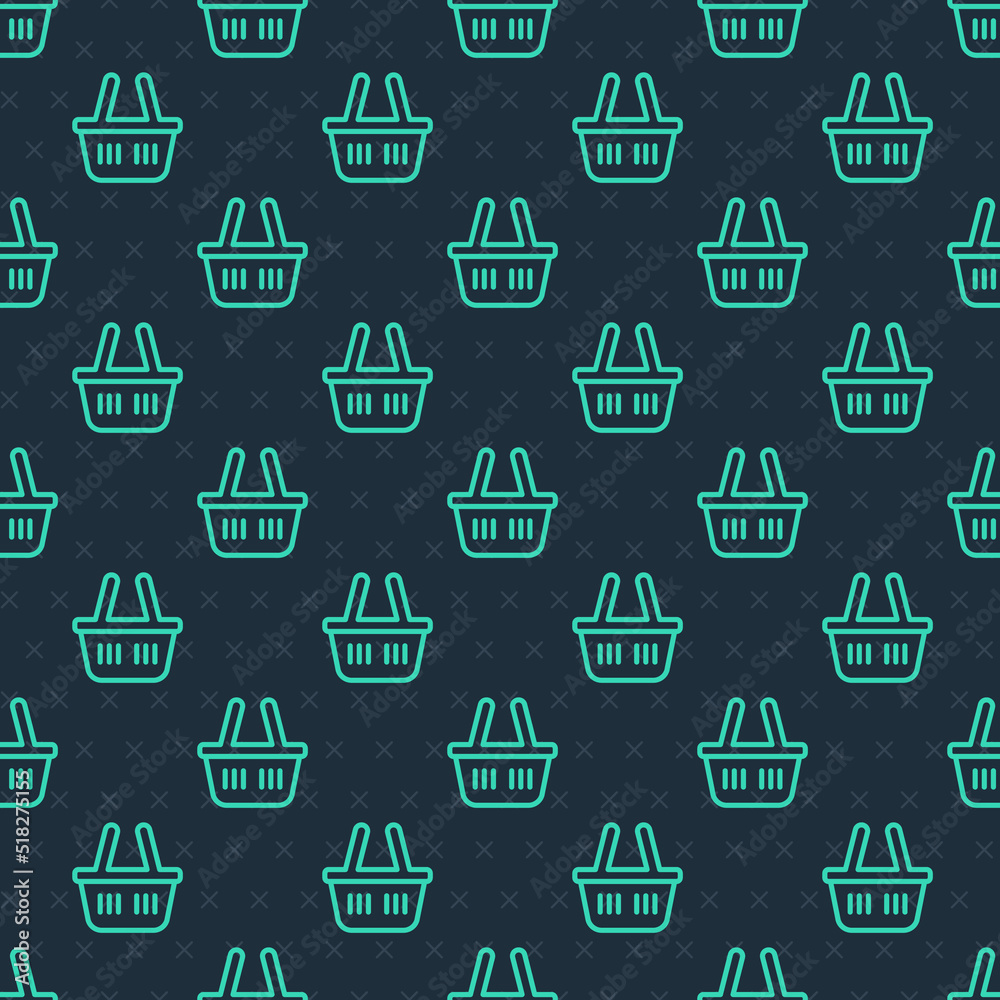 Green line Shopping basket icon isolated seamless pattern on blue background. Online buying concept. Delivery service sign. Shopping cart symbol. Vector