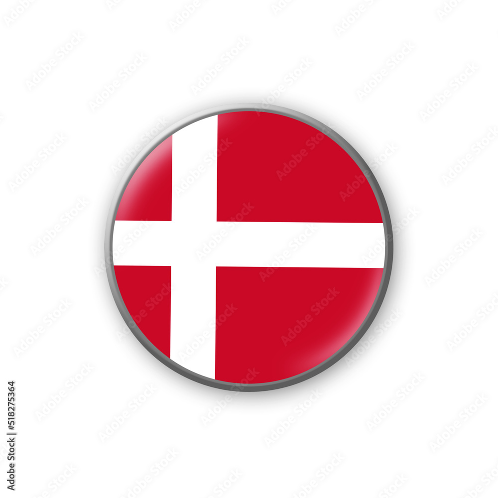Denmark flag. Round badge in the colors of the Denmark flag. Isolated on white background. Design element. 3D illustration. Denmark flag. Round badge in the colors of the Denmark flag. Isolated on white background. Design element. 3D illustration.