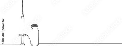 Continuous one line drawing of syringe with needle and vaccine tube. Medical theme concept. Line art.