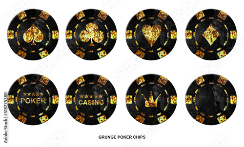 Set vintage, grunge poker chip, isolated on white background. Different suits. Design element. Gambling