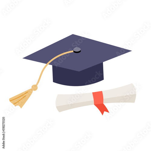 Graduation cap and diploma in flat illustration