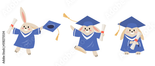 Set of graduated bunny in flat illustration