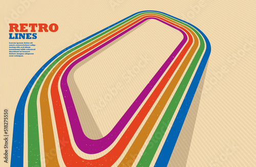 Linear vector abstract background in all colors of rainbow, retro style lines in 3D dimensional perspective, vintage poster art.